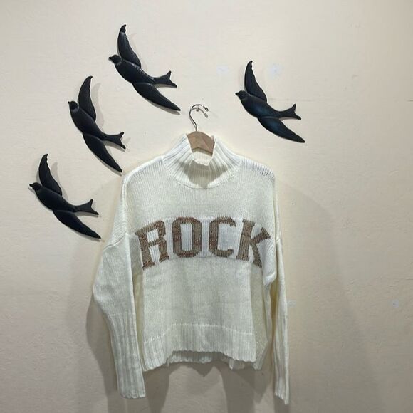 Elan ROCK Winter White Bronze Lettering Oversize Mock Neck Slouchy Sweater - L - Picture 3 of 15